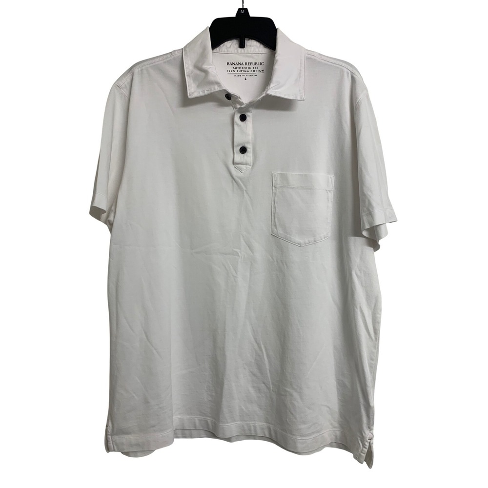 Banana Republic White Henley 100% Supima Cotton Short Sleeve Pocket Polo Shirt L